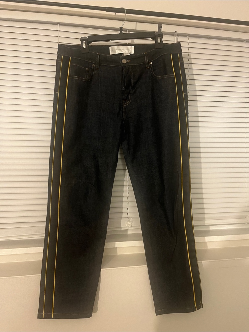 Victoria Beckham Dark Blue Straight Jeans with Black Strip w Yellow Side Piping